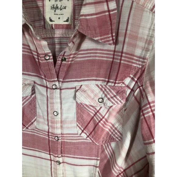 Style & Co Womens Shirt Button-Up Pink Plaid Size Medium - Picture 5 of 12